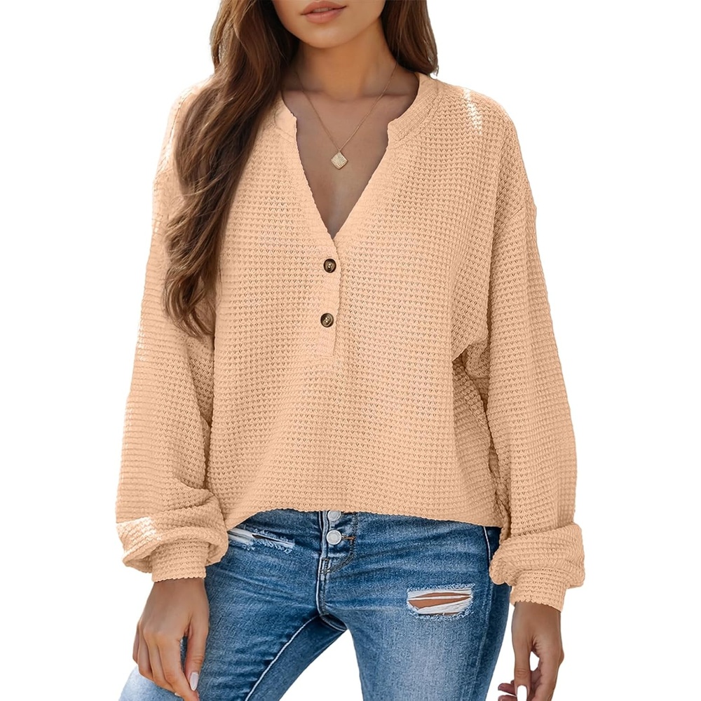 image:imageDokotoo Womens Waffle Knit Tops 2026 Dressy Casual Button Shirts Long Sleeve V Neck Blouses Basic TeeBeige