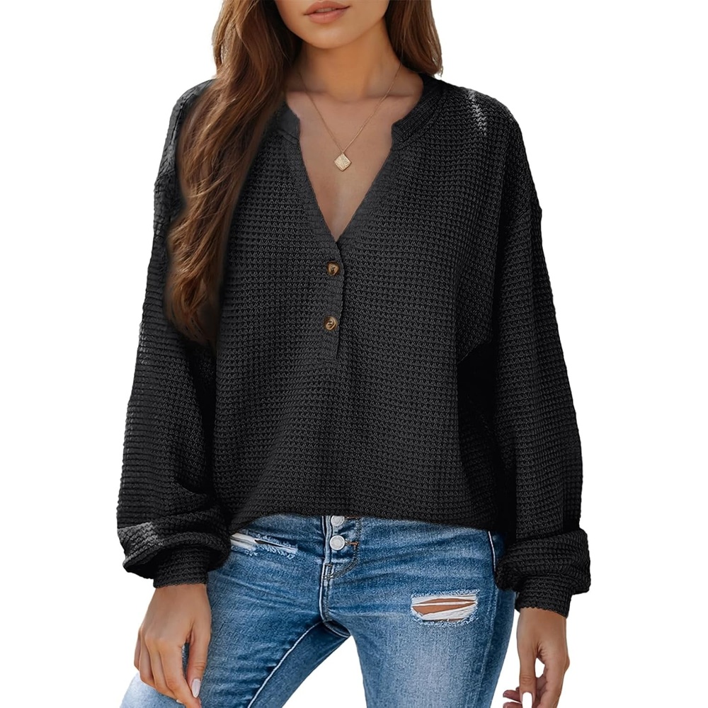 image:imageDokotoo Womens Waffle Knit Tops 2026 Dressy Casual Button Shirts Long Sleeve V Neck Blouses Basic TeeBlack