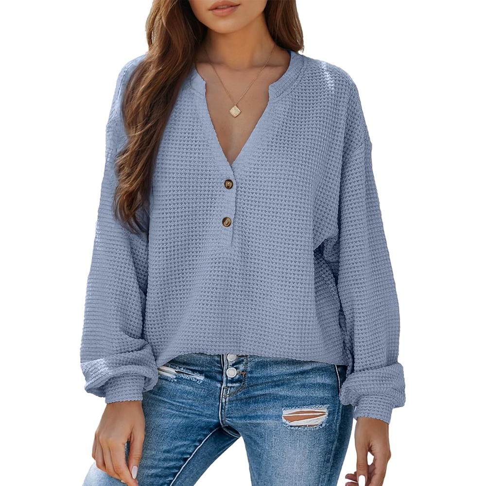 image:imageDokotoo Womens Waffle Knit Tops 2026 Dressy Casual Button Shirts Long Sleeve V Neck Blouses Basic TeeBlue