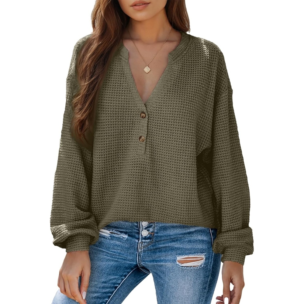 image:imageDokotoo Womens Waffle Knit Tops 2026 Dressy Casual Button Shirts Long Sleeve V Neck Blouses Basic TeeGreen