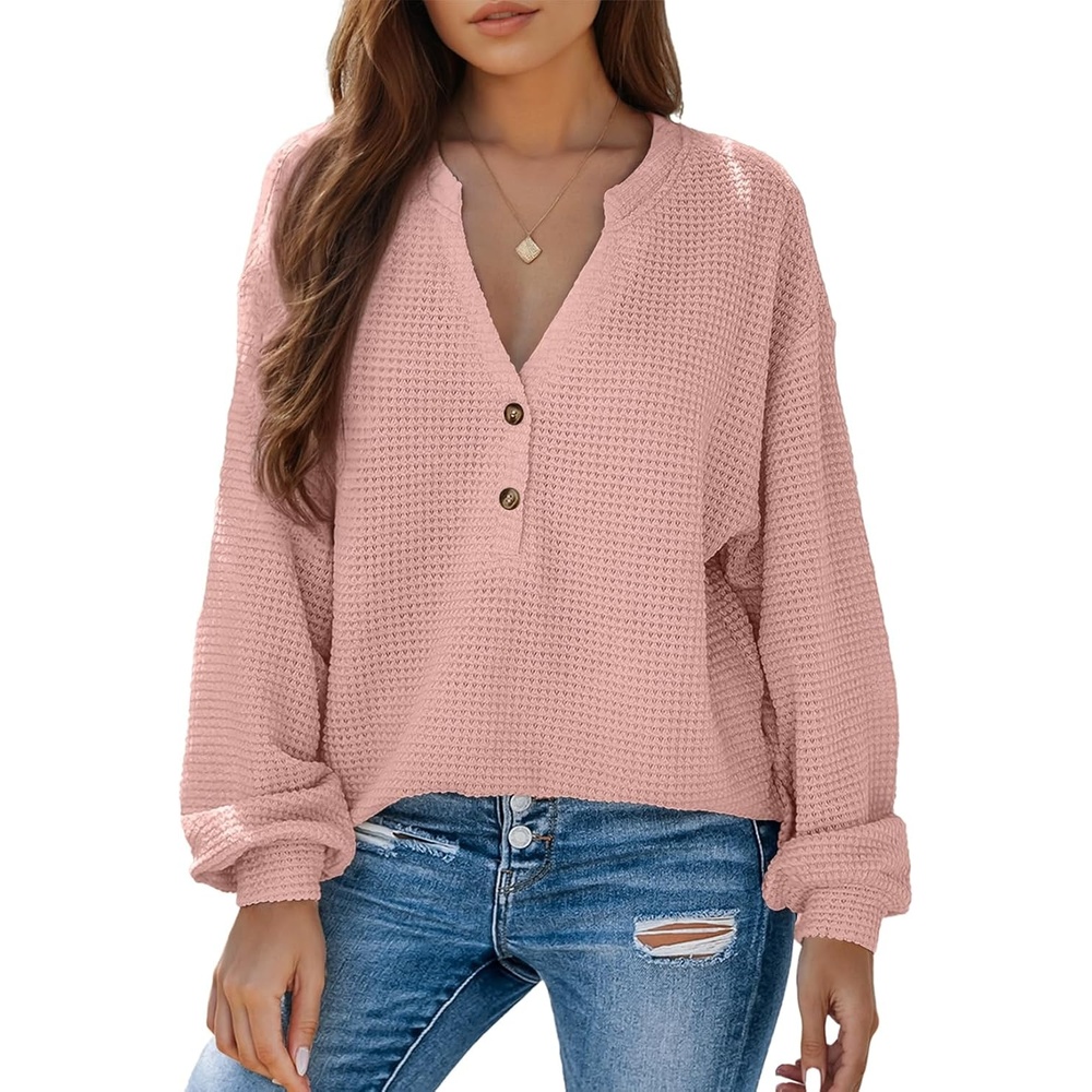 image:imageDokotoo Womens Waffle Knit Tops 2026 Dressy Casual Button Shirts Long Sleeve V Neck Blouses Basic TeePink