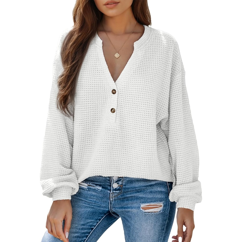 image:imageDokotoo Womens Waffle Knit Tops 2026 Dressy Casual Button Shirts Long Sleeve V Neck Blouses Basic TeeWhite