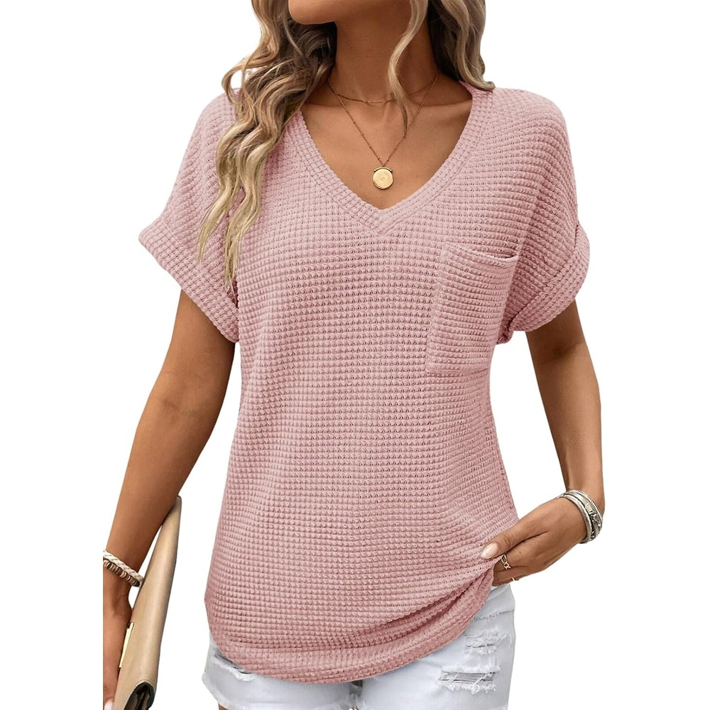 image:imageDokotoo Womens Waffle Knit Tops 2026 Summer Shirts Womens Blouses Basic TeeA Apricot Pink