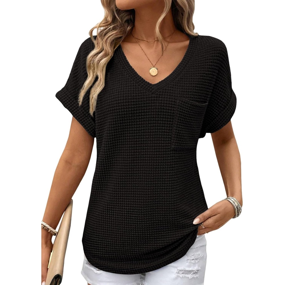 image:imageDokotoo Womens Waffle Knit Tops 2026 Summer Shirts Womens Blouses Basic TeeA Black