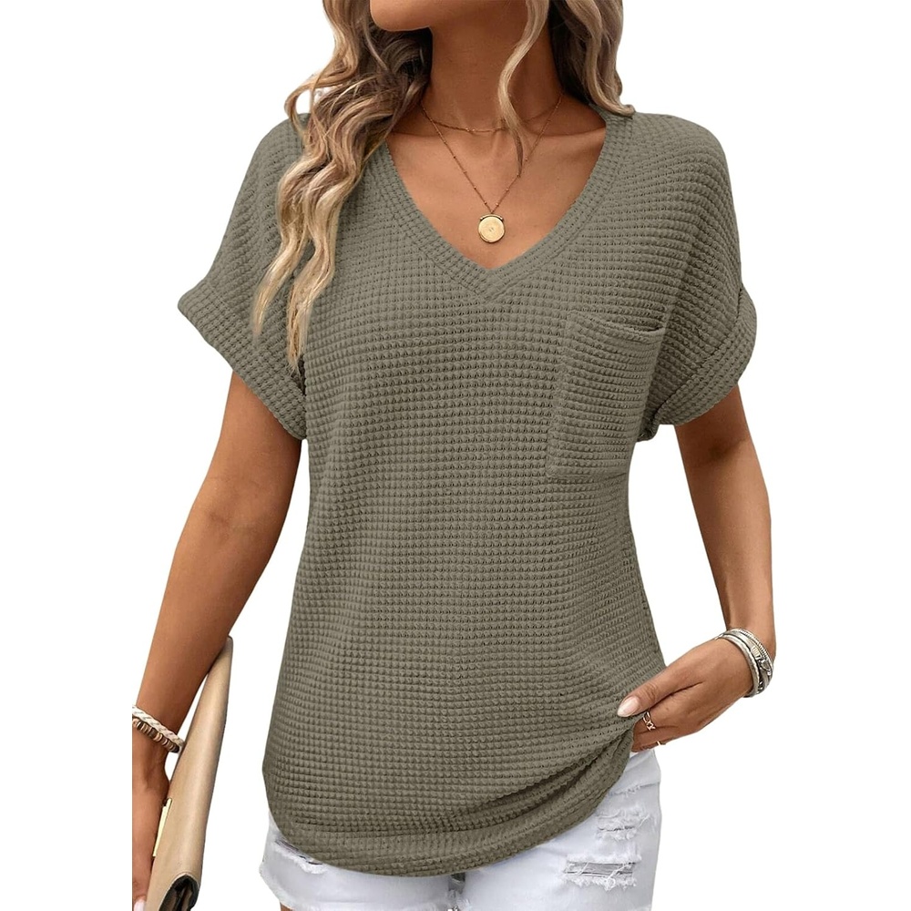 image:imageDokotoo Womens Waffle Knit Tops 2026 Summer Shirts Womens Blouses Basic TeeA Four Leaf Clover