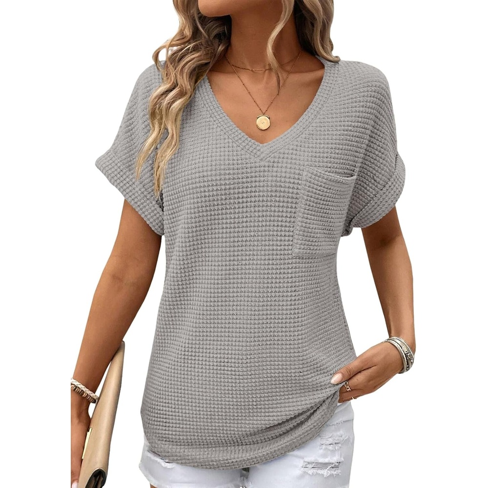 image:imageDokotoo Womens Waffle Knit Tops 2026 Summer Shirts Womens Blouses Basic TeeA Gray