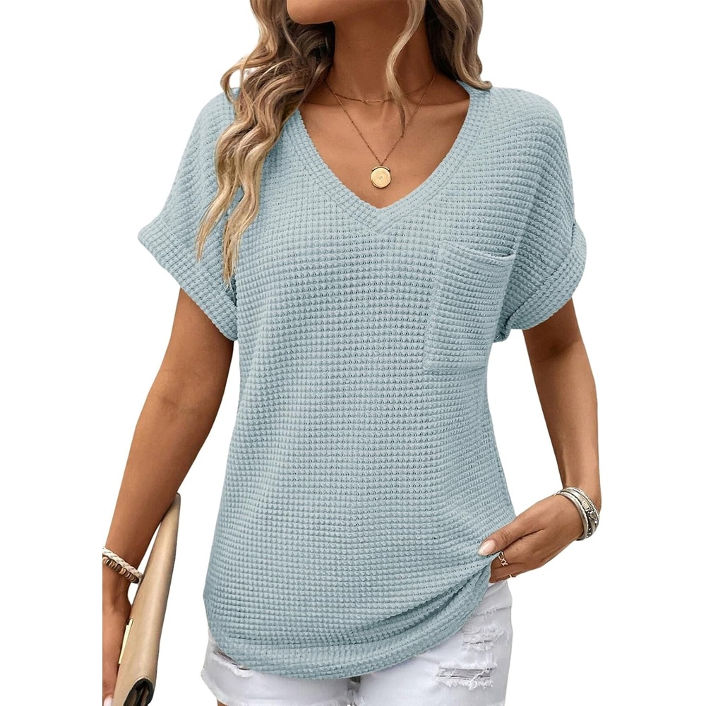 image:imageDokotoo Womens Waffle Knit Tops 2026 Summer Shirts Womens Blouses Basic TeeA Iceland Blue