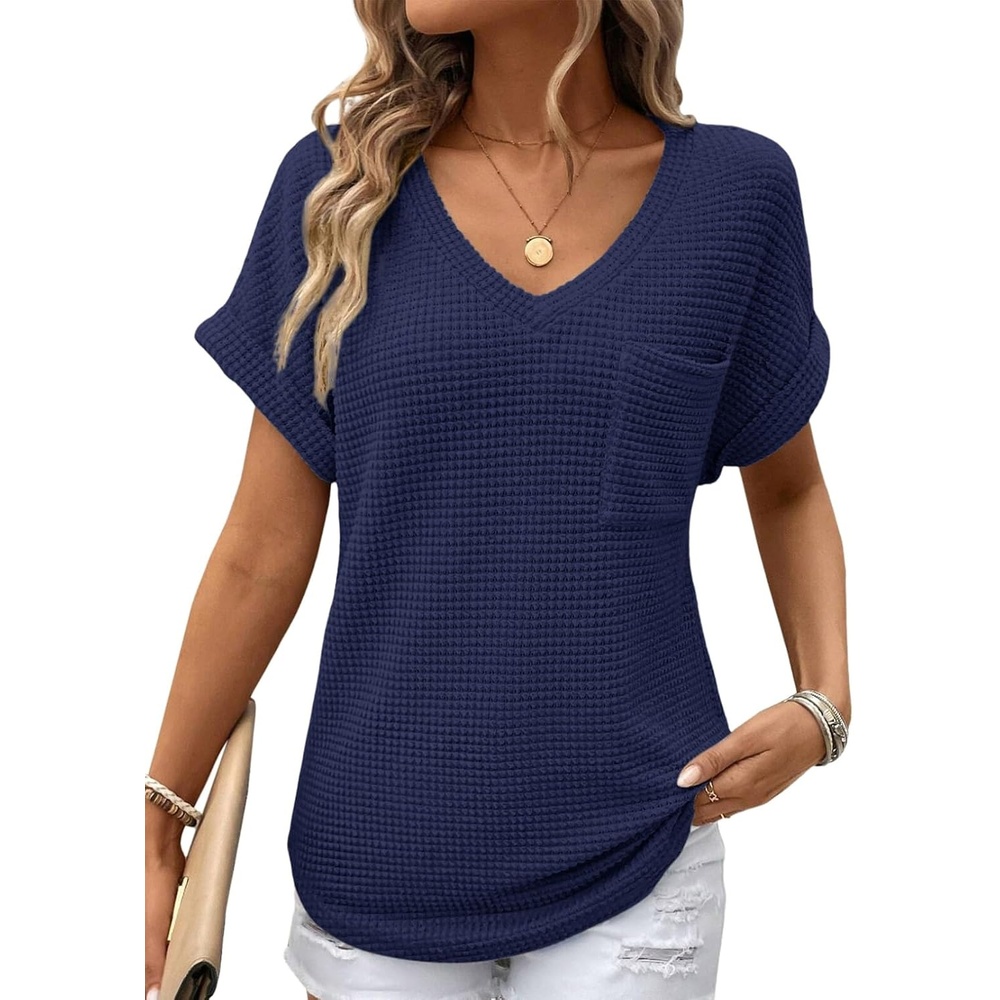 image:imageDokotoo Womens Waffle Knit Tops 2026 Summer Shirts Womens Blouses Basic TeeA Navy Blue