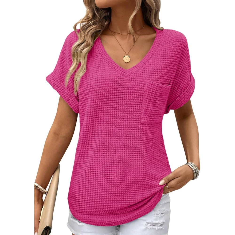image:imageDokotoo Womens Waffle Knit Tops 2026 Summer Shirts Womens Blouses Basic TeeA Rose Red