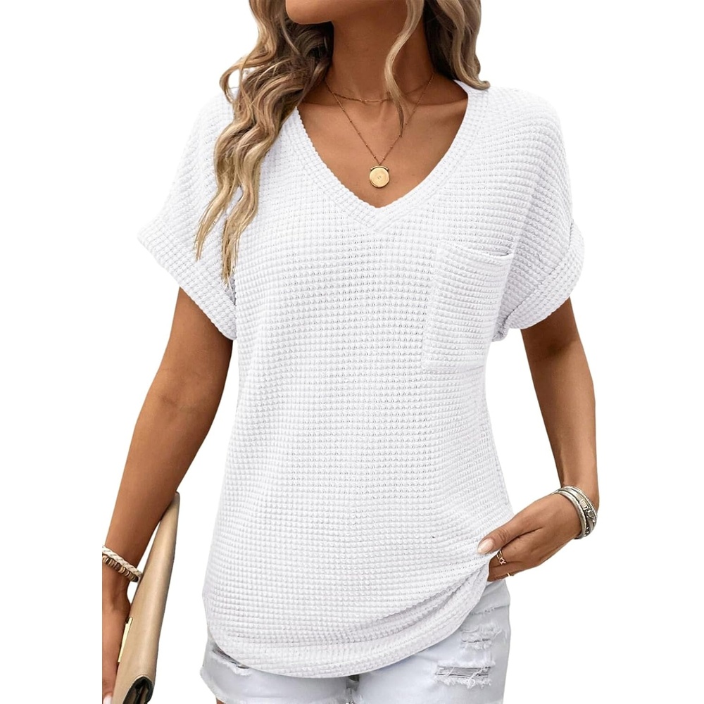image:imageDokotoo Womens Waffle Knit Tops 2026 Summer Shirts Womens Blouses Basic TeeA White
