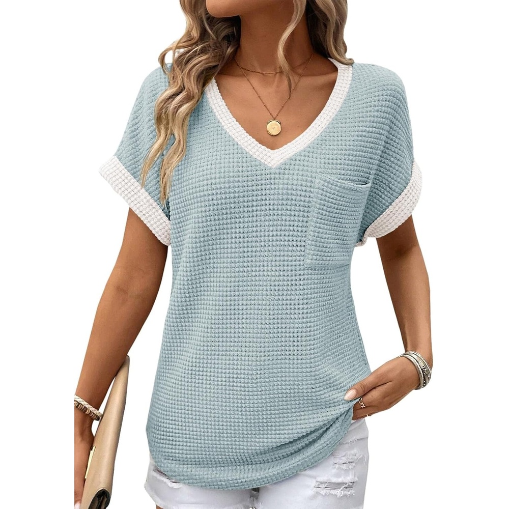 image:imageDokotoo Womens Waffle Knit Tops 2026 Summer Shirts Womens Blouses Basic TeeAruba Blue