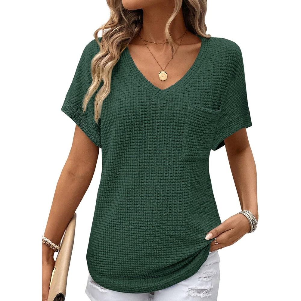 image:imageDokotoo Womens Waffle Knit Tops 2026 Summer Shirts Womens Blouses Basic TeeBlackish Green