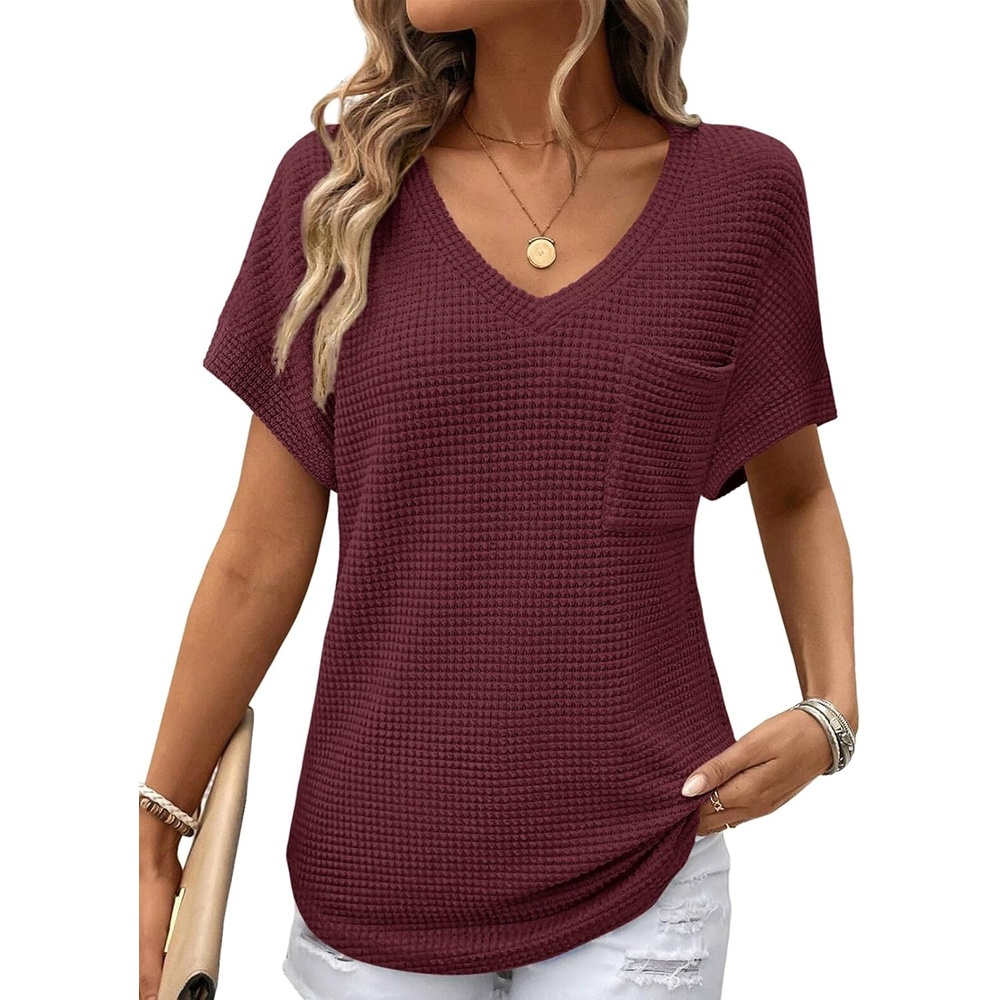 image:imageDokotoo Womens Waffle Knit Tops 2026 Summer Shirts Womens Blouses Basic TeeBurgundy