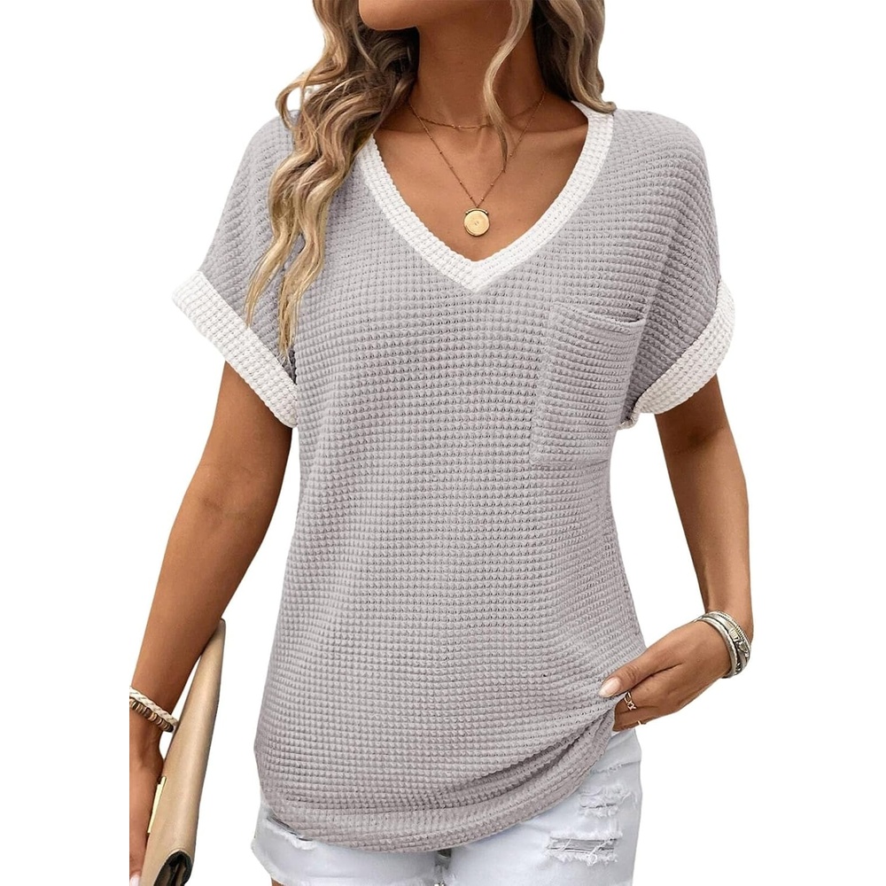 image:imageDokotoo Womens Waffle Knit Tops 2026 Summer Shirts Womens Blouses Basic TeeLight Grey