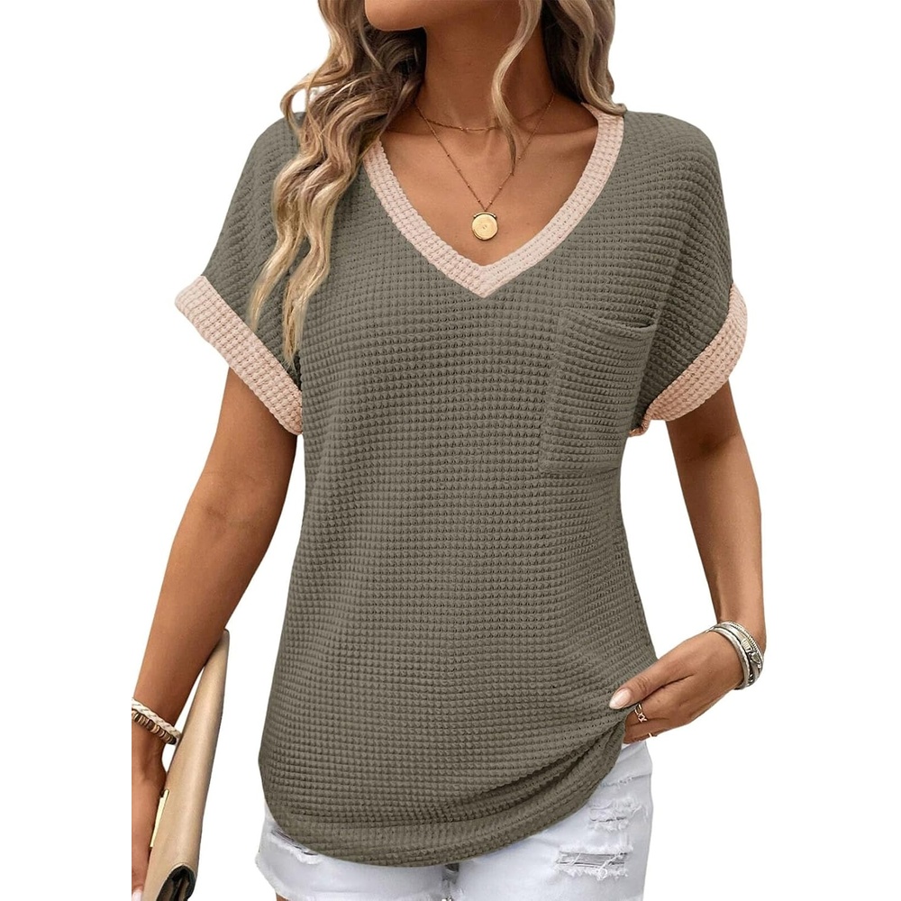 image:imageDokotoo Womens Waffle Knit Tops 2026 Summer Shirts Womens Blouses Basic TeeMoss Green
