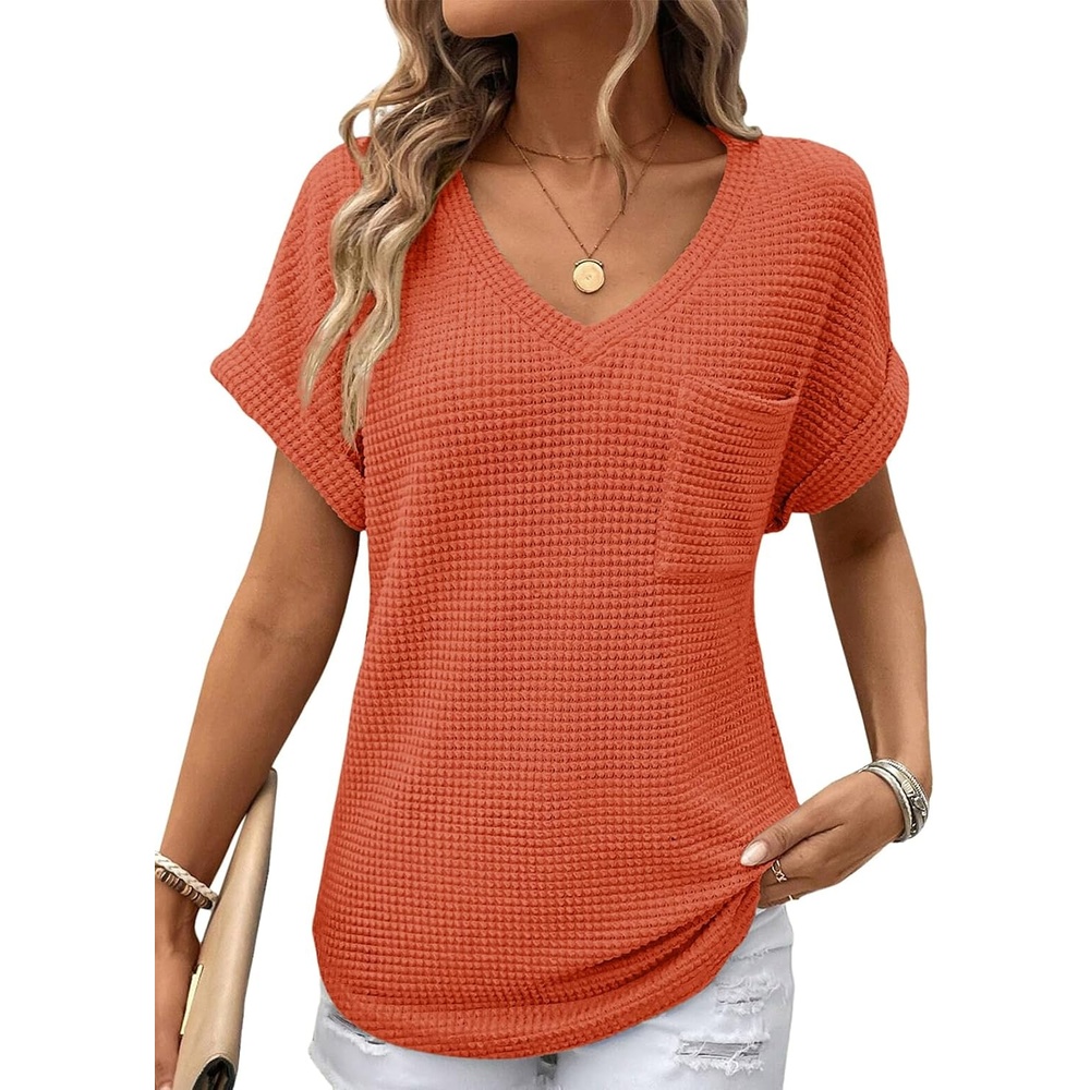 image:imageDokotoo Womens Waffle Knit Tops 2026 Summer Shirts Womens Blouses Basic TeeOrange