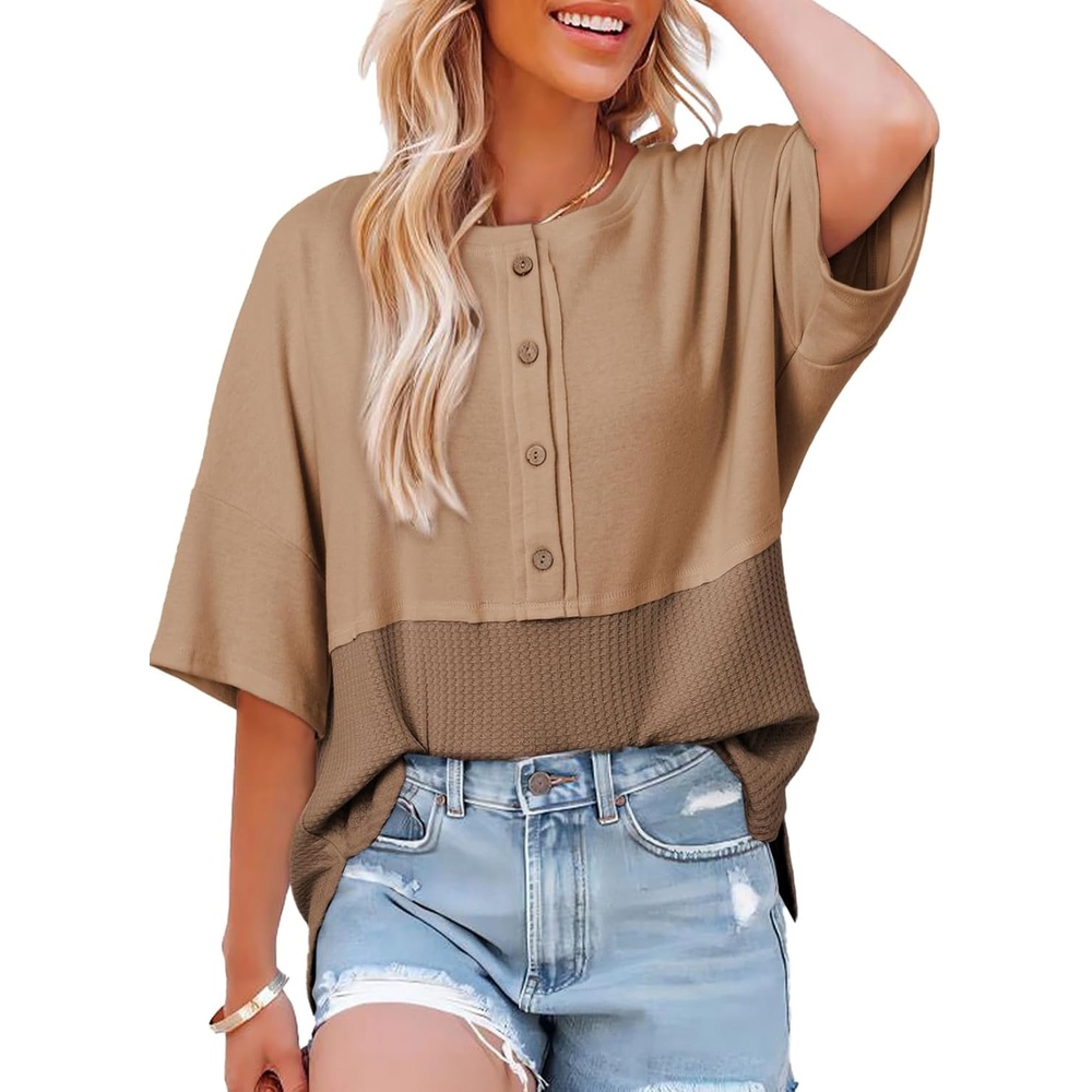 image:imageDokotoo Womens Waffle Knit Tops 34 Sleeve Oversized Patchwork BlousesBeige