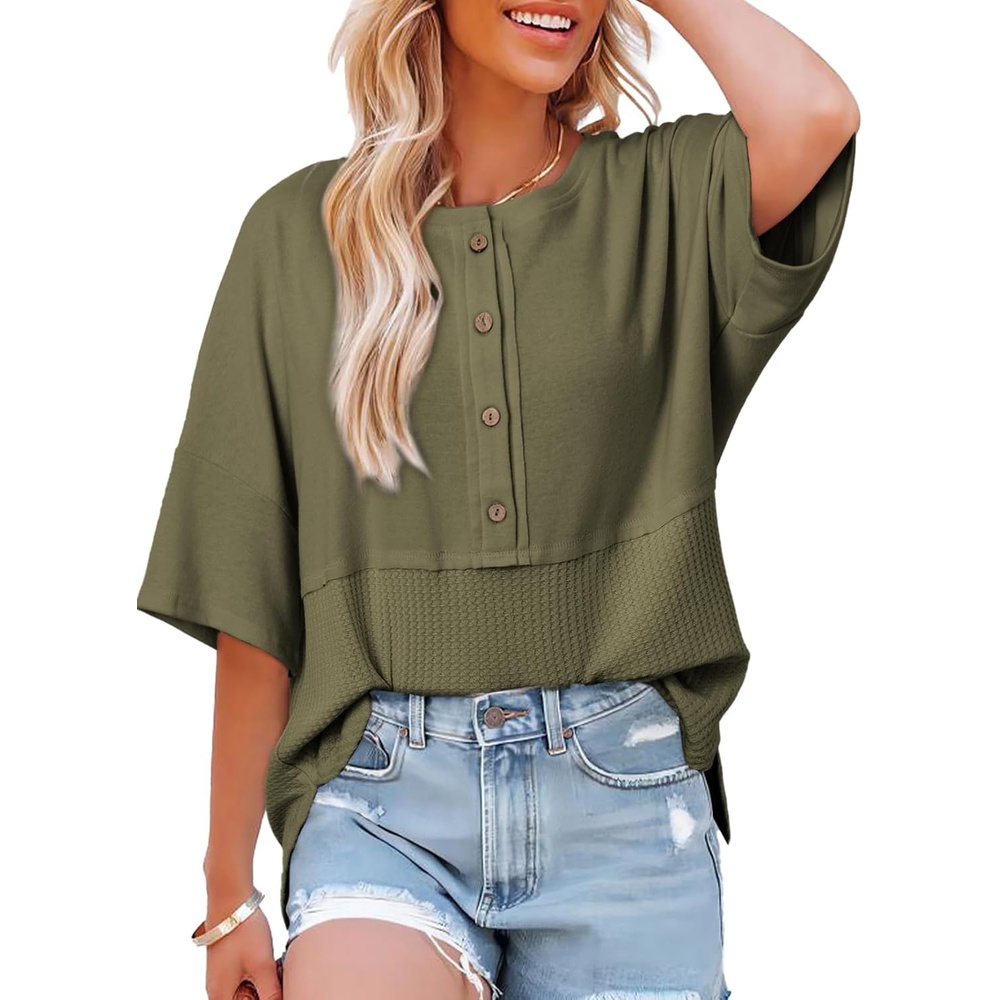 image:imageDokotoo Womens Waffle Knit Tops 34 Sleeve Oversized Patchwork BlousesGreen