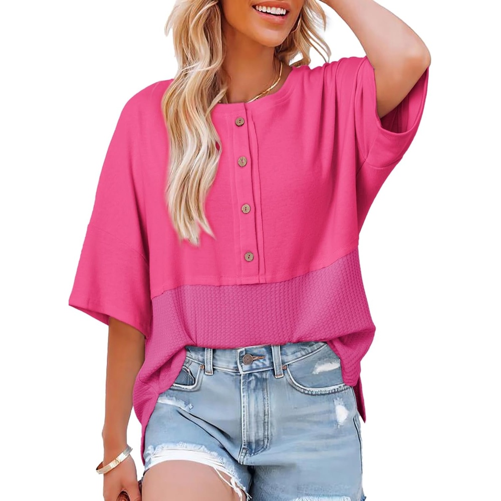 image:imageDokotoo Womens Waffle Knit Tops 34 Sleeve Oversized Patchwork BlousesHot Pink