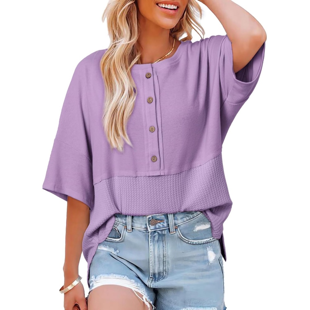 image:imageDokotoo Womens Waffle Knit Tops 34 Sleeve Oversized Patchwork BlousesPurple