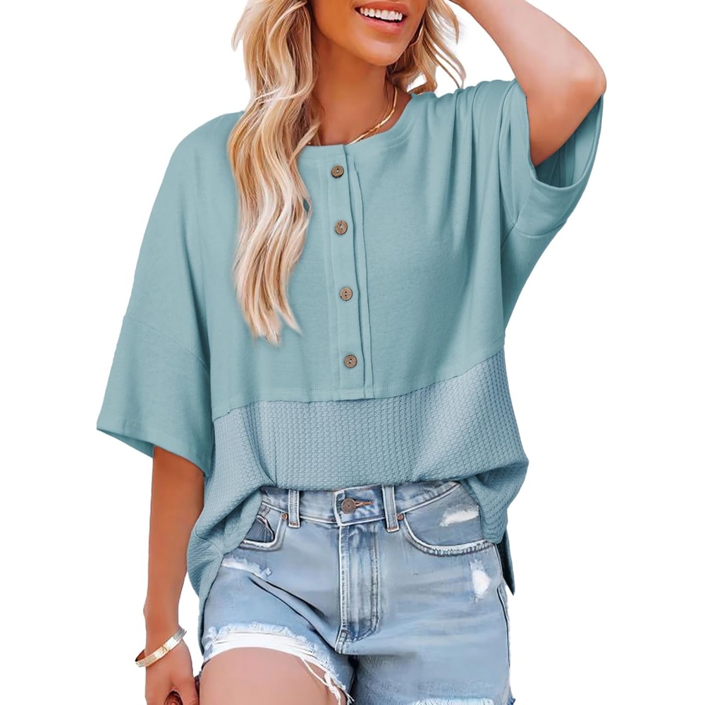 image:imageDokotoo Womens Waffle Knit Tops 34 Sleeve Oversized Patchwork BlousesSky Blue
