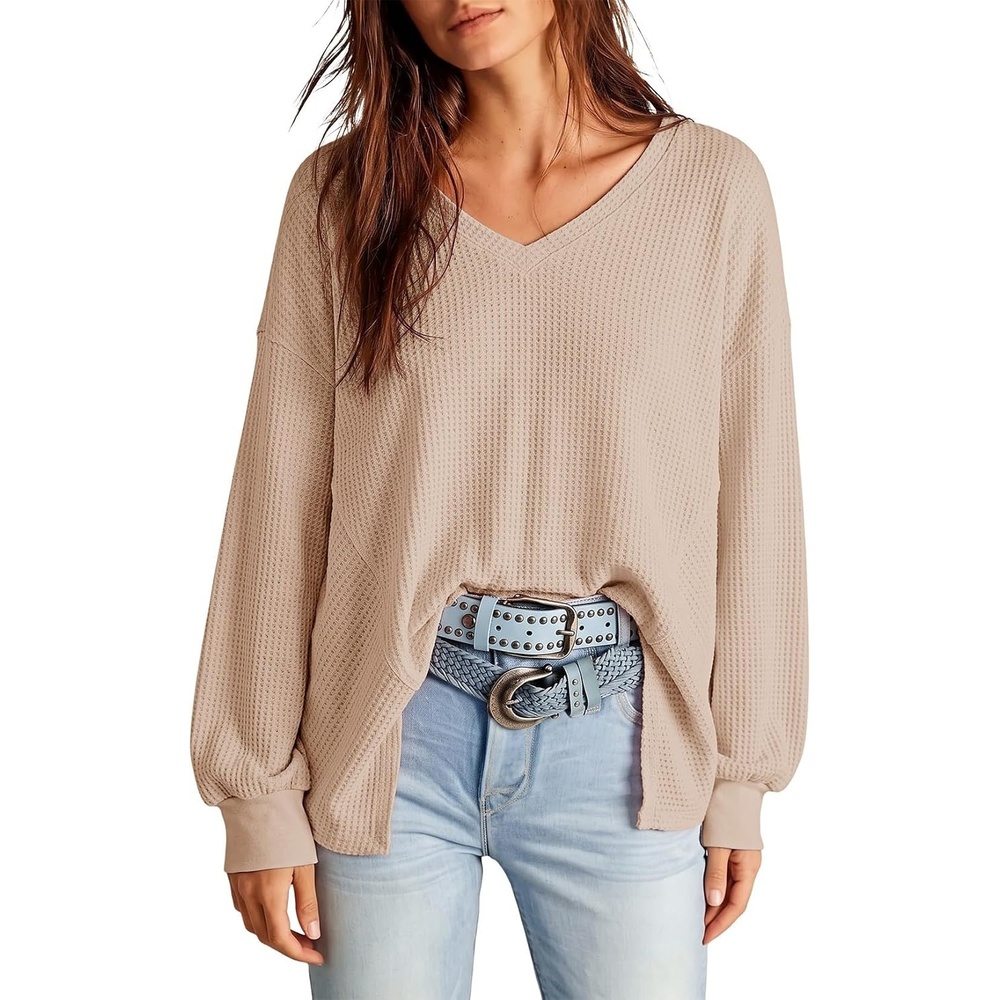 image:imageDokotoo Womens Waffle Knit Tops Trendy Fashion 2026 Oversized T ShirtsBeige