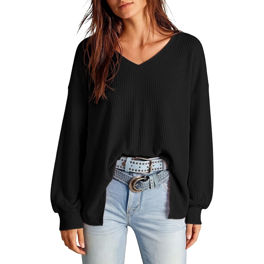image:imageDokotoo Womens Waffle Knit Tops Trendy Fashion 2026 Oversized T ShirtsBlack