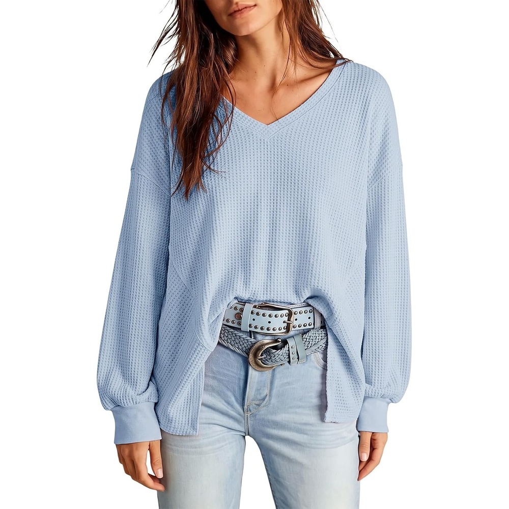 image:imageDokotoo Womens Waffle Knit Tops Trendy Fashion 2026 Oversized T ShirtsBlue