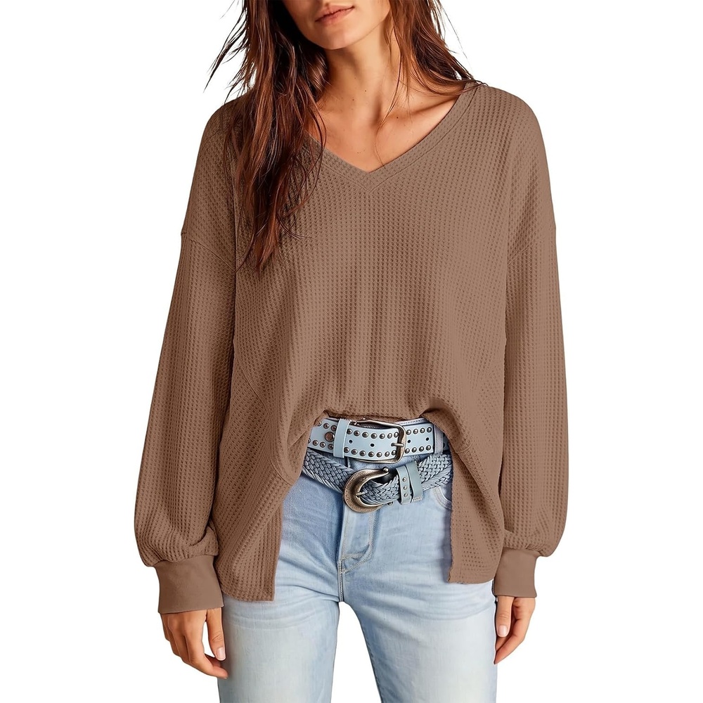image:imageDokotoo Womens Waffle Knit Tops Trendy Fashion 2026 Oversized T ShirtsBrown