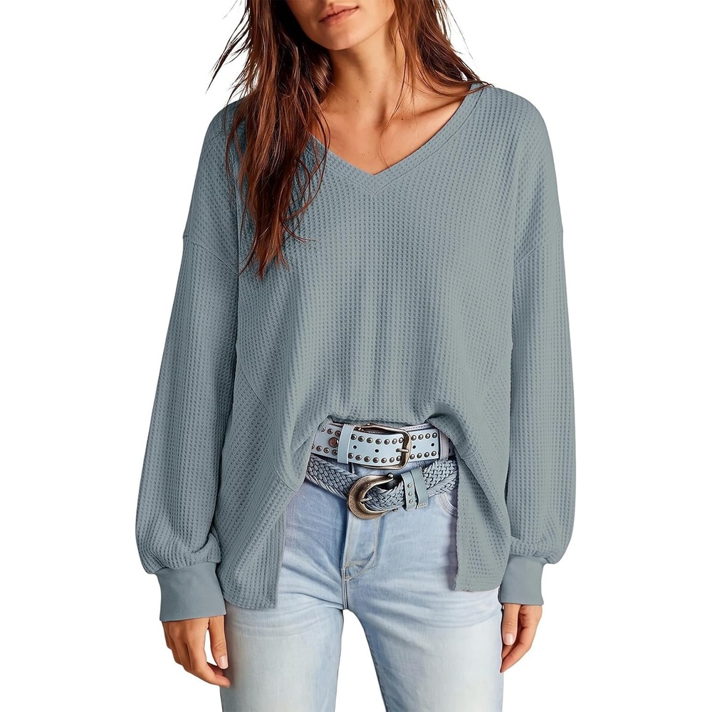 image:imageDokotoo Womens Waffle Knit Tops Trendy Fashion 2026 Oversized T ShirtsGray