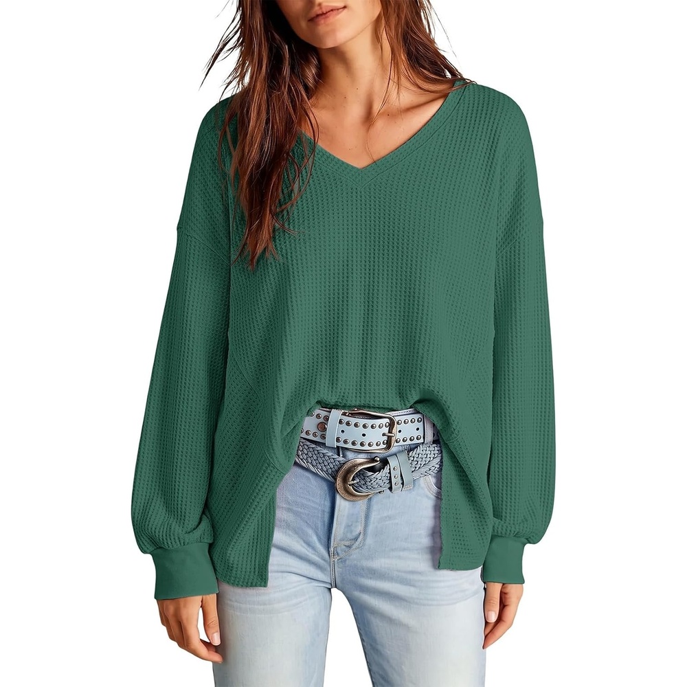 image:imageDokotoo Womens Waffle Knit Tops Trendy Fashion 2026 Oversized T ShirtsGreen