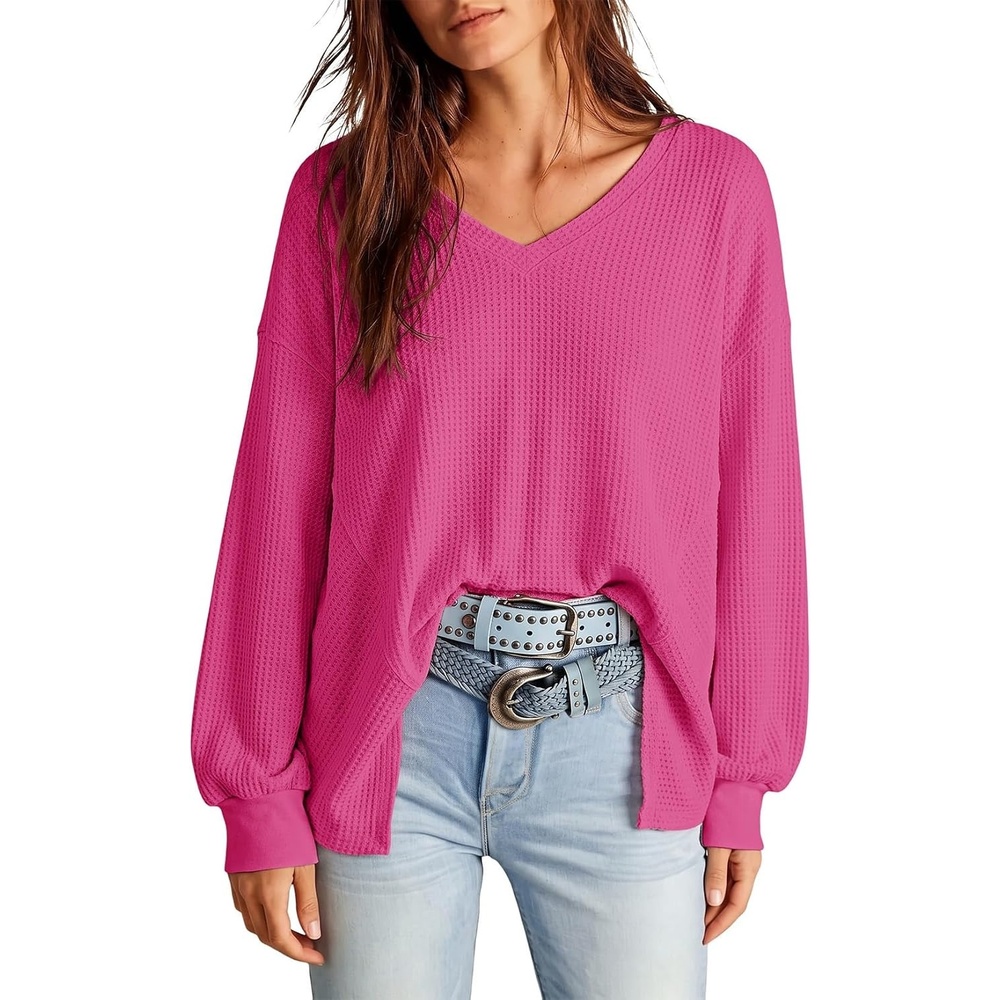 image:imageDokotoo Womens Waffle Knit Tops Trendy Fashion 2026 Oversized T ShirtsHot Pink