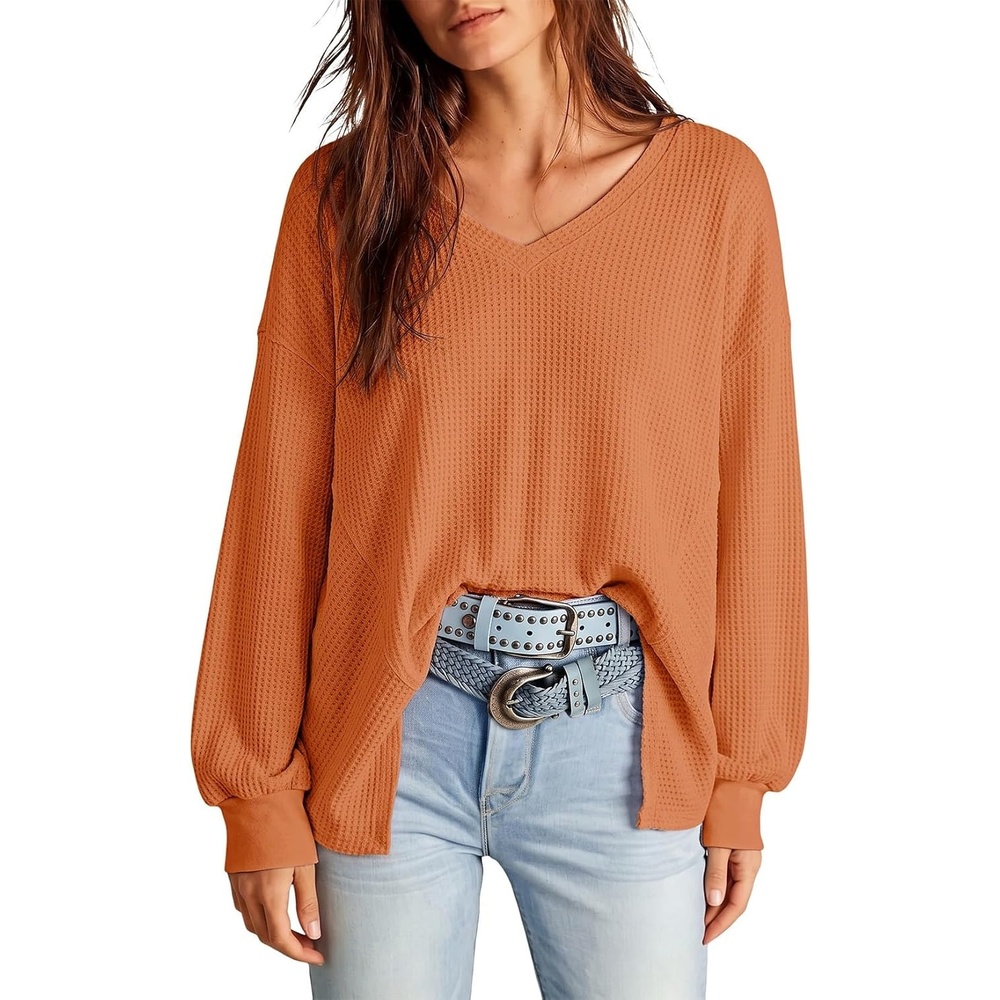 image:imageDokotoo Womens Waffle Knit Tops Trendy Fashion 2026 Oversized T ShirtsOrange