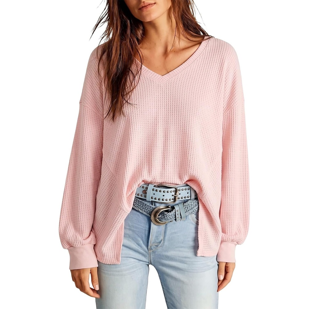 image:imageDokotoo Womens Waffle Knit Tops Trendy Fashion 2026 Oversized T ShirtsPink