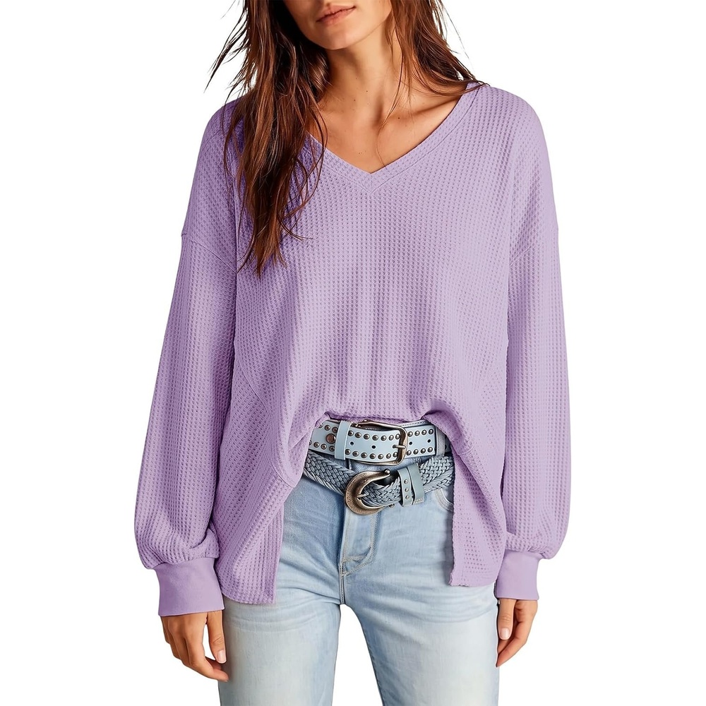 image:imageDokotoo Womens Waffle Knit Tops Trendy Fashion 2026 Oversized T ShirtsPurple