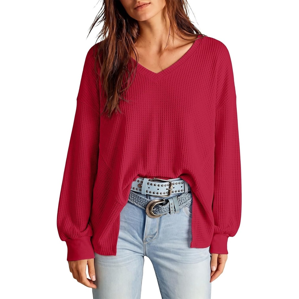 image:imageDokotoo Womens Waffle Knit Tops Trendy Fashion 2026 Oversized T ShirtsRed