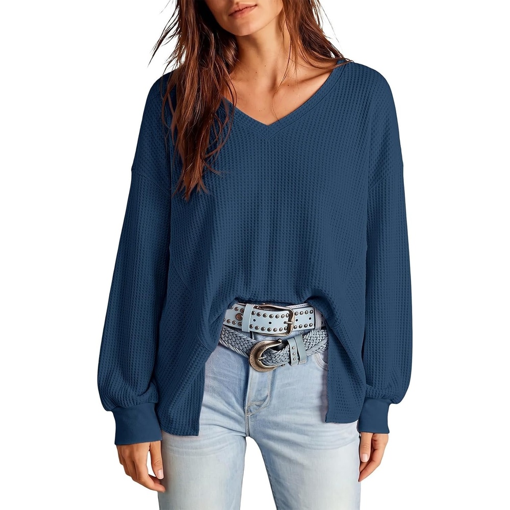 image:imageDokotoo Womens Waffle Knit Tops Trendy Fashion 2026 Oversized T ShirtsSail Blue