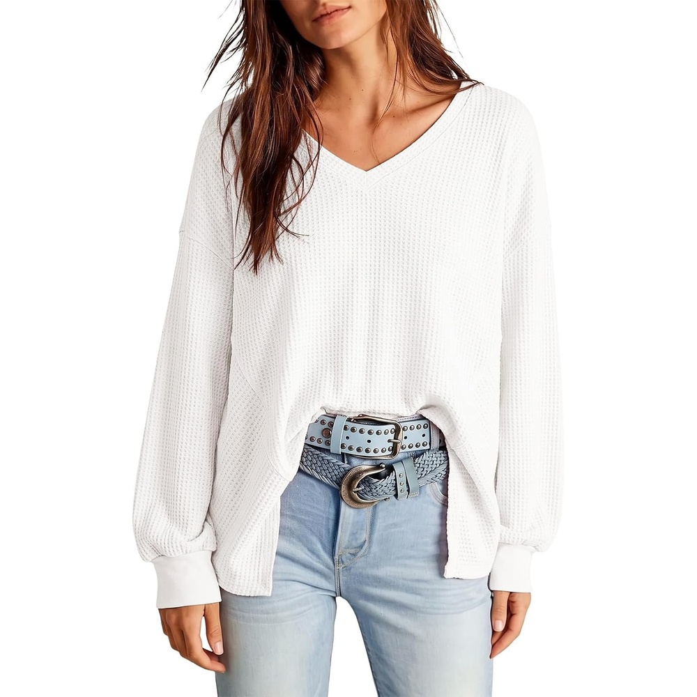 image:imageDokotoo Womens Waffle Knit Tops Trendy Fashion 2026 Oversized T ShirtsWhite