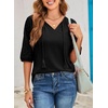 Dokotoo Women Blouses Dressy Casual Embroidered 3/4 Length Sleeve Womens Tops Tassel Tie V Neck Waffle Knit Shirts(Black)