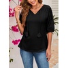 Dokotoo Women Blouses Dressy Casual Embroidered 3/4 Length Sleeve Womens Tops Tassel Tie V Neck Waffle Knit Shirts(Black)