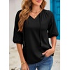 Dokotoo Women Blouses Dressy Casual Embroidered 3/4 Length Sleeve Womens Tops Tassel Tie V Neck Waffle Knit Shirts(Black)