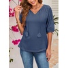 Dokotoo Women Blouses Dressy Casual Embroidered 3/4 Length Sleeve Womens Tops Tassel Tie V Neck Waffle Knit Shirts(Dusk Blue)