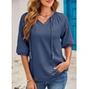 Dokotoo Women Blouses Dressy Casual Embroidered 3/4 Length Sleeve Womens Tops Tassel Tie V Neck Waffle Knit Shirts(Dusk Blue)