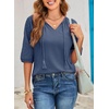 Dokotoo Women Blouses Dressy Casual Embroidered 3/4 Length Sleeve Womens Tops Tassel Tie V Neck Waffle Knit Shirts(Dusk Blue)