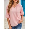 Dokotoo Women Blouses Dressy Casual Embroidered 3/4 Length Sleeve Womens Tops Tassel Tie V Neck Waffle Knit Shirts(Gossamer Pink)