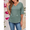 Dokotoo Women Blouses Dressy Casual Embroidered 3/4 Length Sleeve Womens Tops Tassel Tie V Neck Waffle Knit Shirts(Mist Green)