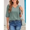 Dokotoo Women Blouses Dressy Casual Embroidered 3/4 Length Sleeve Womens Tops Tassel Tie V Neck Waffle Knit Shirts(Mist Green)