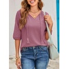 Dokotoo Women Blouses Dressy Casual Embroidered 3/4 Length Sleeve Womens Tops Tassel Tie V Neck Waffle Knit Shirts(Rose Pink)