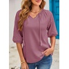 Dokotoo Women Blouses Dressy Casual Embroidered 3/4 Length Sleeve Womens Tops Tassel Tie V Neck Waffle Knit Shirts(Rose Pink)