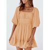 Dokotoo Womens Summer Dresses Square Neck Tie Back Lantern Sleeve Ruffle A-Line Casual Dress(3 Light Khaki)